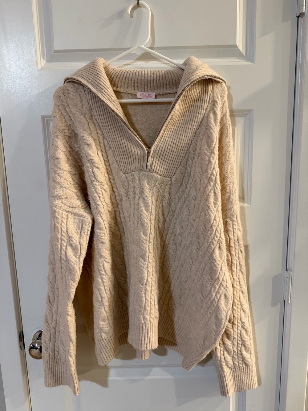 Pink Lily Cream Cable-Knit Half-Zip Turtleneck Sweater